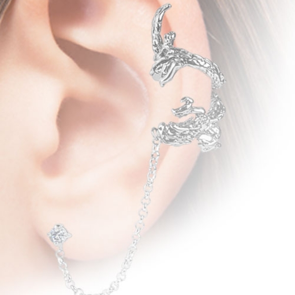 Flying Dragon Design Ear Cuff with Chain Linked Clear CZ set Stud Ear Rings - Picture 4 of 4
